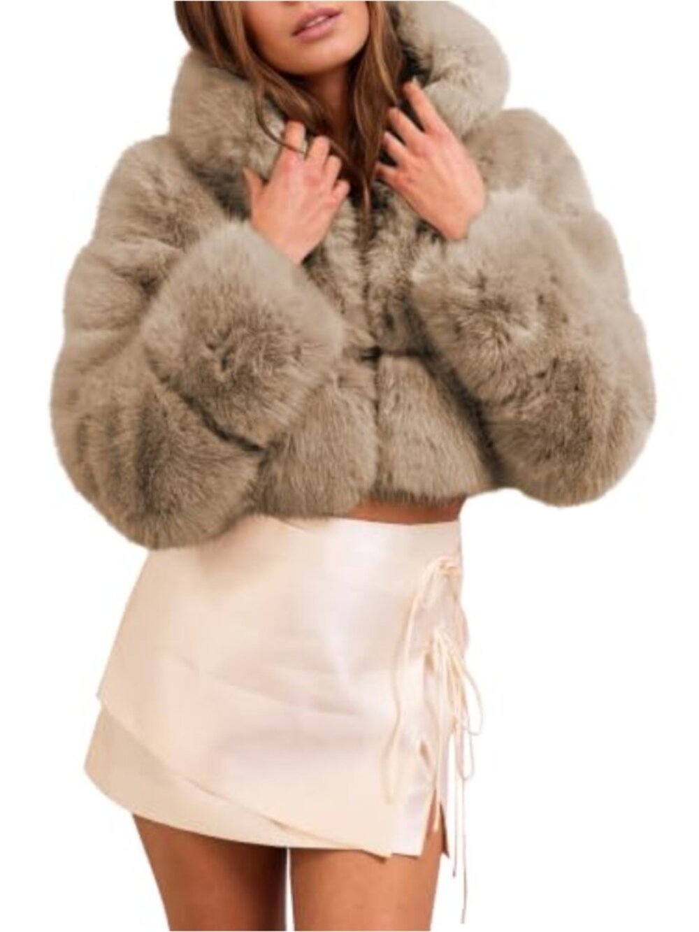 Faux Fur Cropped Coat Hooded Zip Winter Warm Shaggy Outerwear